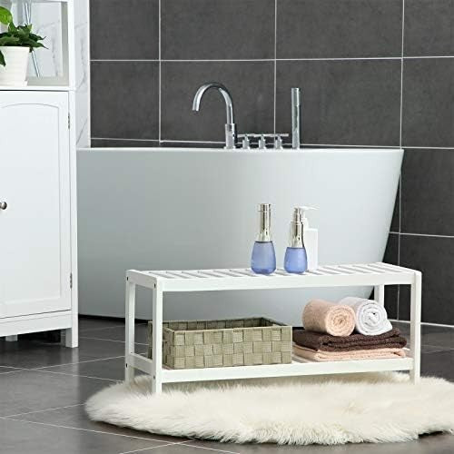 2-Tier Bamboo Shoe Rack Bench for Entryway Living Room Bathroom White
