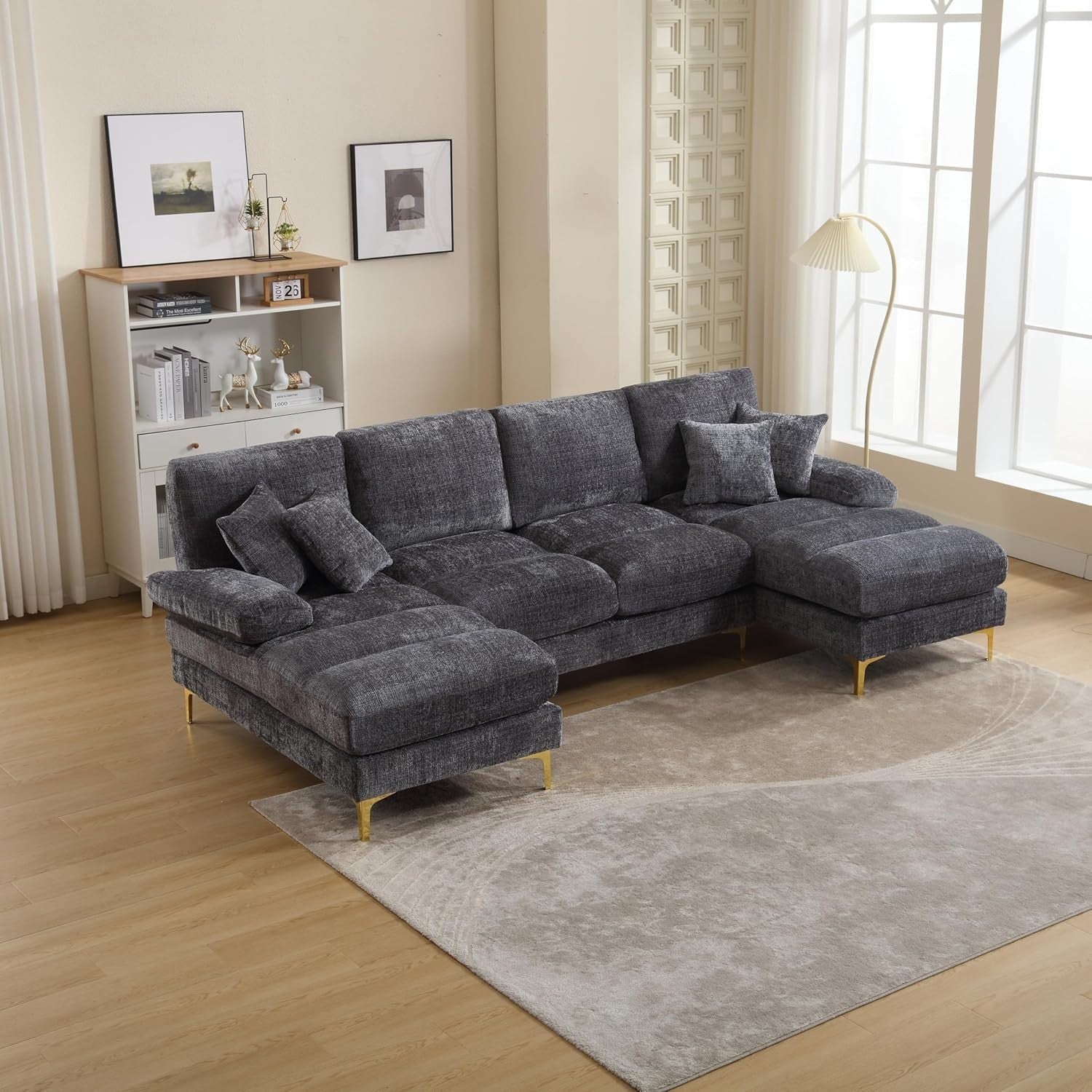 4 Seater U-Shaped Sofa Grey Chenille Sectional with Double Chaise & 4 Pillows