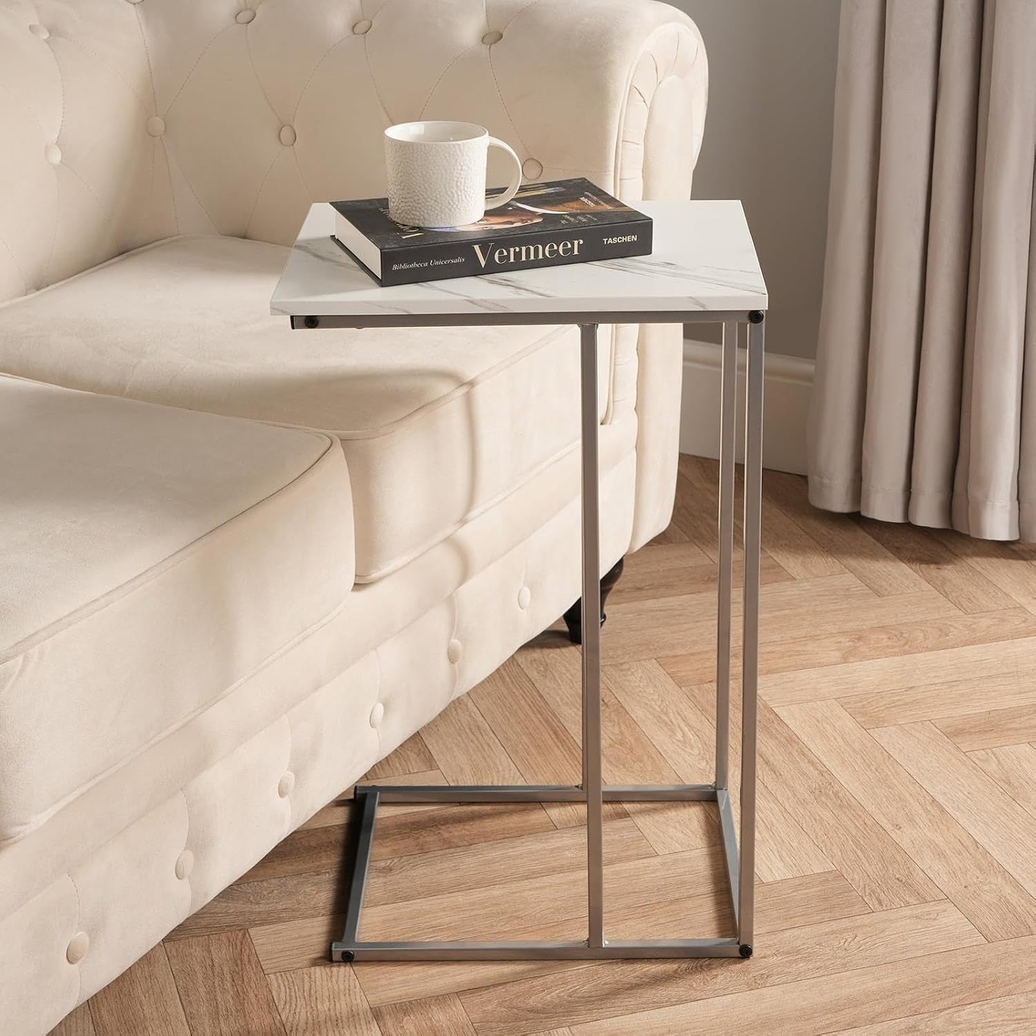 White Marble Top C-Shaped Sofa Side Table – Space-Saving Modern End Table
