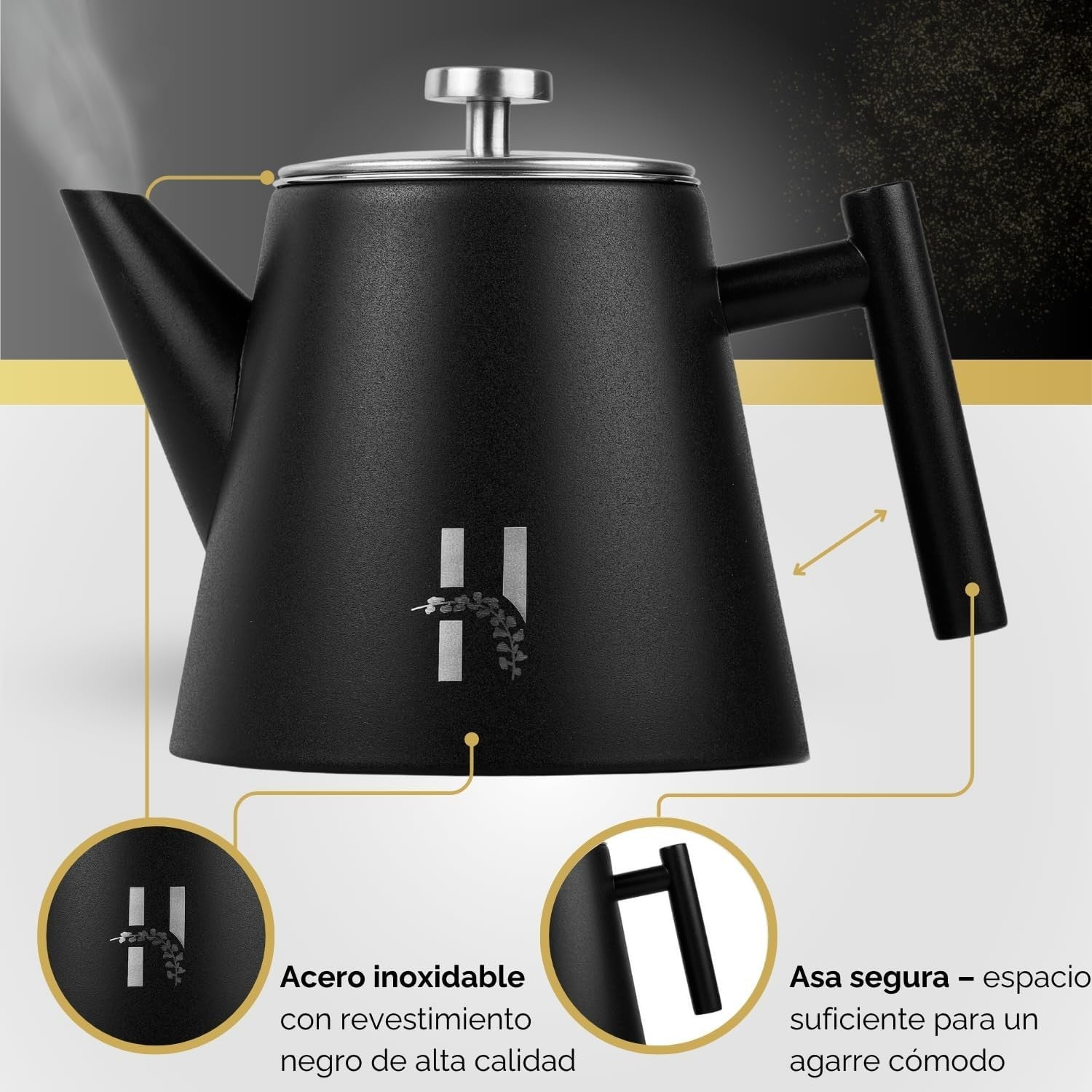Double Walled Stainless Steel Teapot 1.2L Loose Leaf Tea Pot Black
