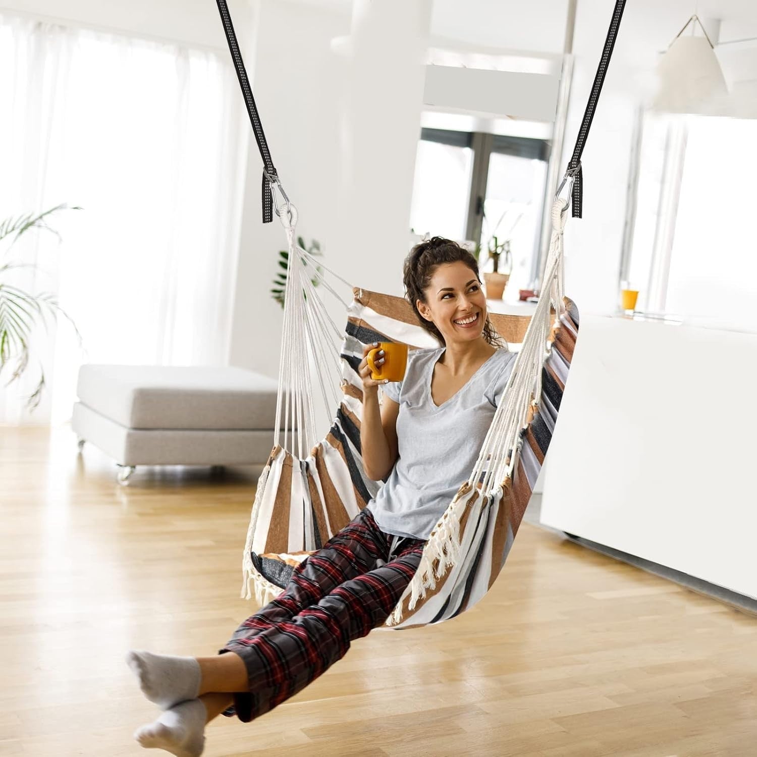 Brown Striped Hammock Chair with 2 Cushions & Straps | 500lbs Indoor Outdoor