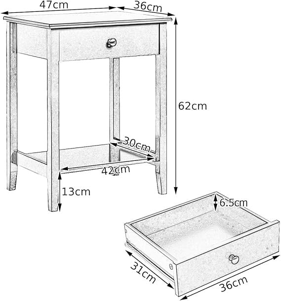 White Wooden Bedside Table with Drawer & Shelf | Compact Modern Nightstand