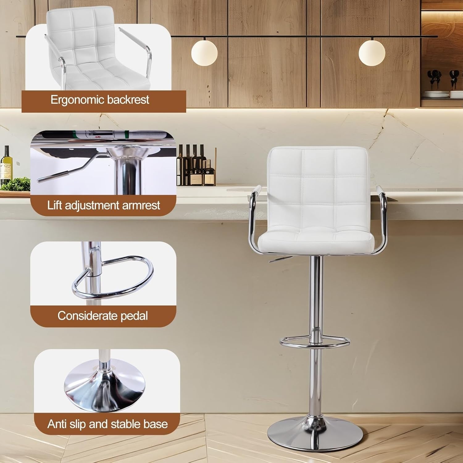 White PU Leather Bar Stool Adjustable Height 360° Swivel with Armrest