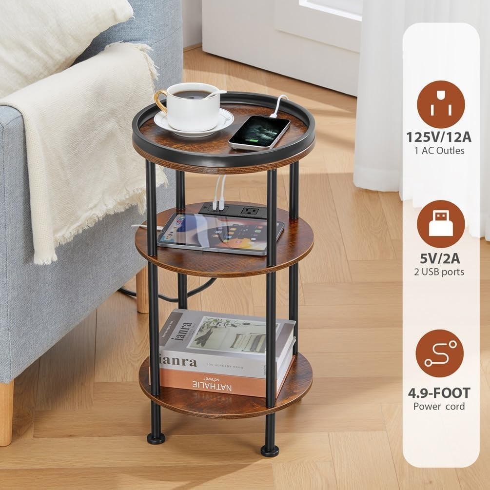 Small Round End Table with USB & Power Outlets, 3-Tier Rustic Side Table