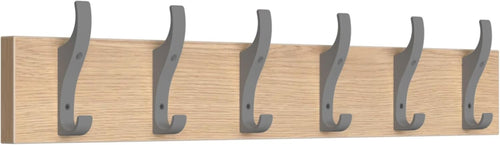 Oak Wall Mounted Coat Rack 6 Hooks | Grey Rail for Coats, Hats & Bags