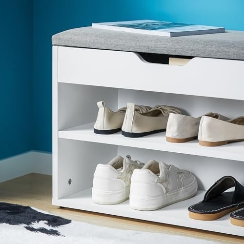 Grey Shoe Storage Bench with Padded Seat & 2 Tiers – Hallway Storage