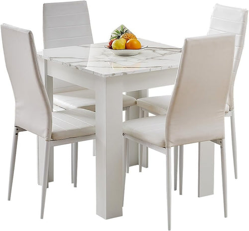 Modern 4-Piece White Marble Dining Set with 2 PU Chairs for Small Spaces