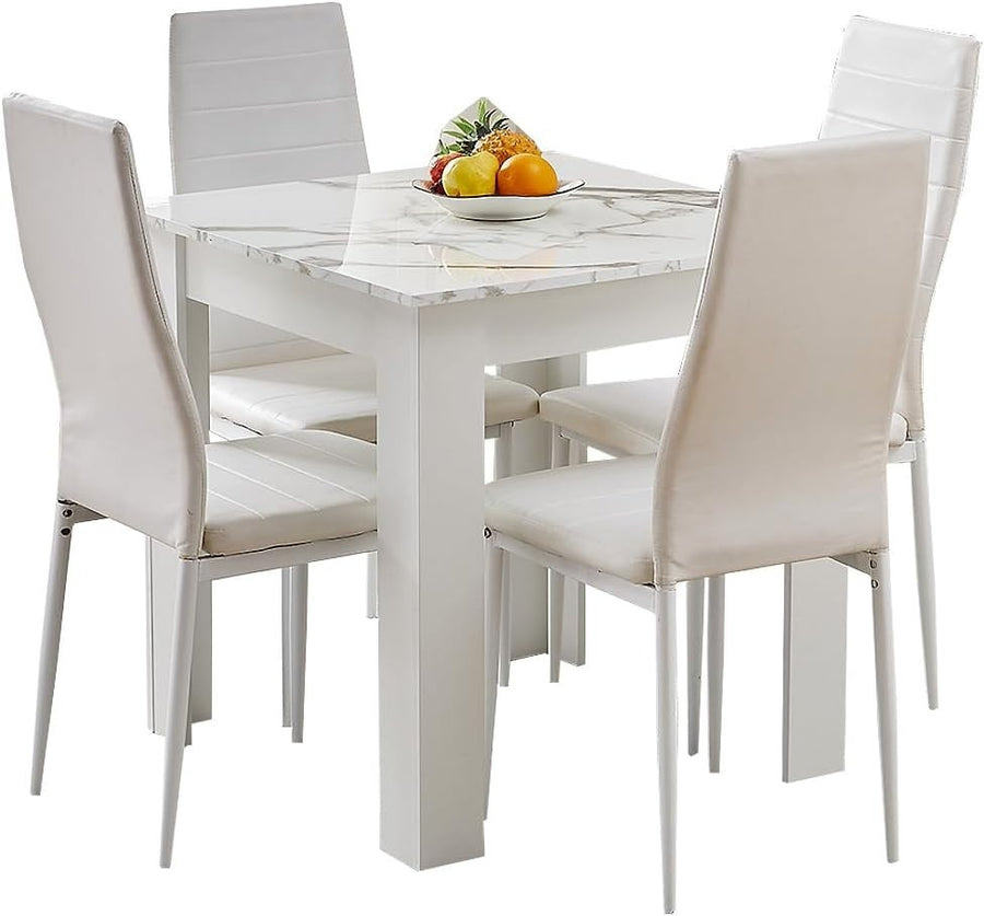 Modern 4-Piece White Marble Dining Set with 2 PU Chairs for Small Spaces