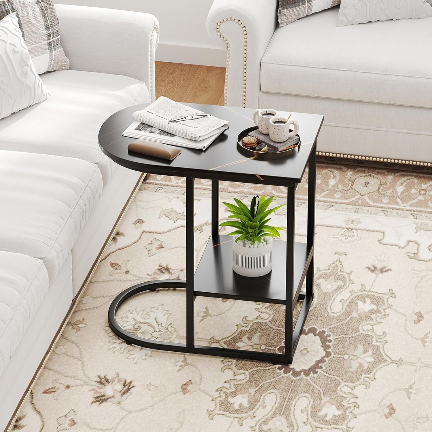 Modern C-Shaped Side Table with Faux Marble Top & Storage Shelf – Slim Overbed S
