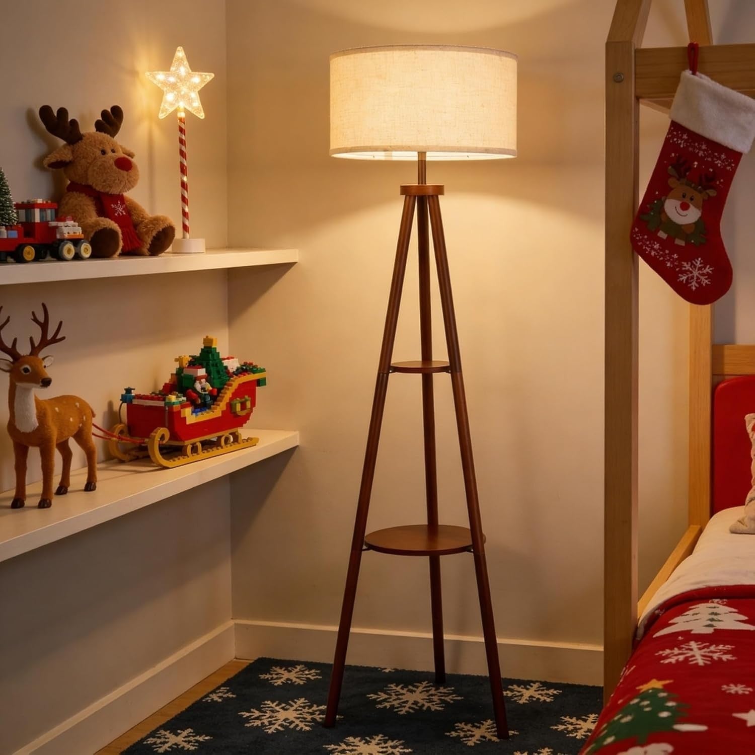 Tripod Floor Lamp with Shelf Wooden Standing Light Linen Shade Living Room