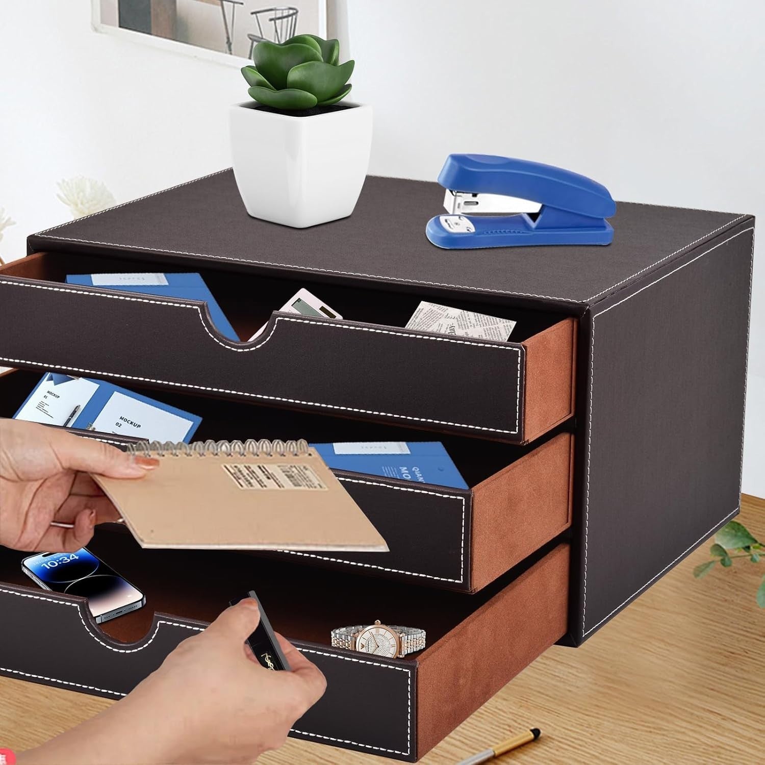 PU Leather 3-Drawer Desk Organizer for Office, Documents, Makeup & More