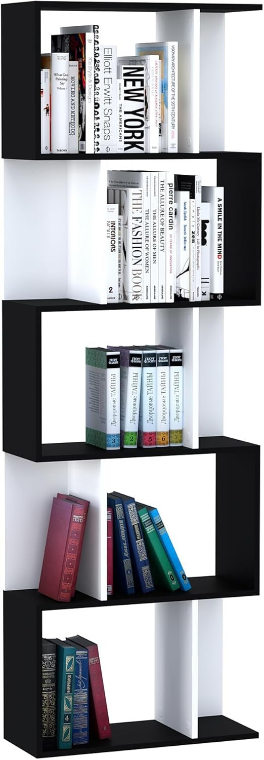 Modern 5-Tier S-Shape Display Bookcase – Freestanding Storage Shelf Black