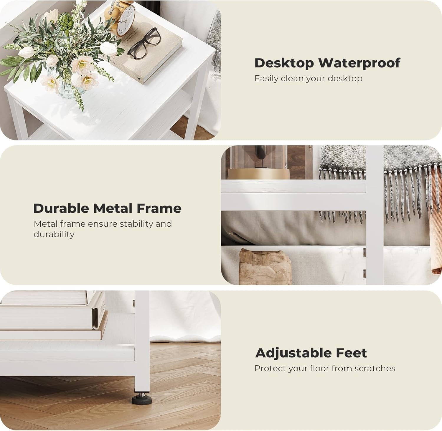 Slim 3-Tier White Side Table – Narrow Bedside, Sofa or End Table Storage