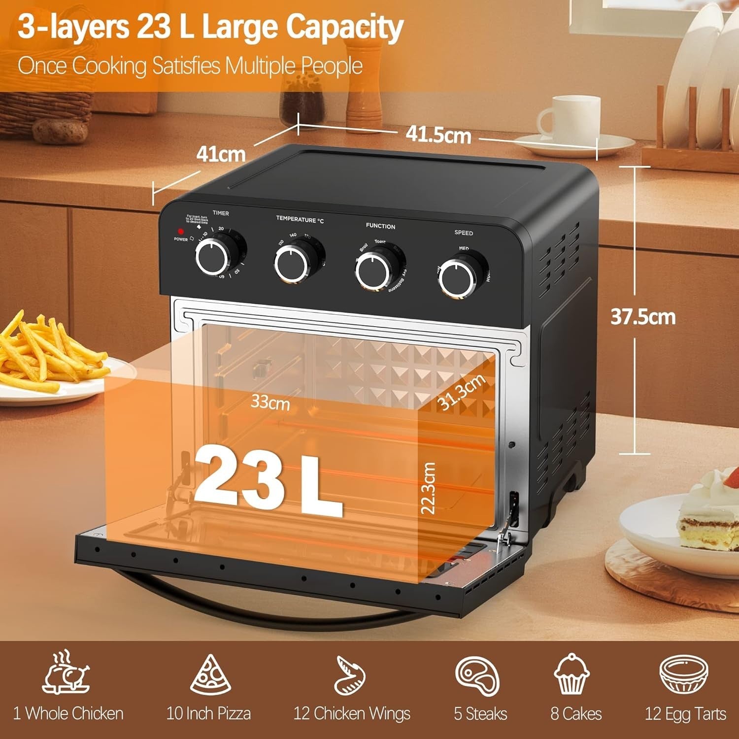 23L Air Fryer Oven Rotisserie 1700W Convection Mini Oven 6 Accessories