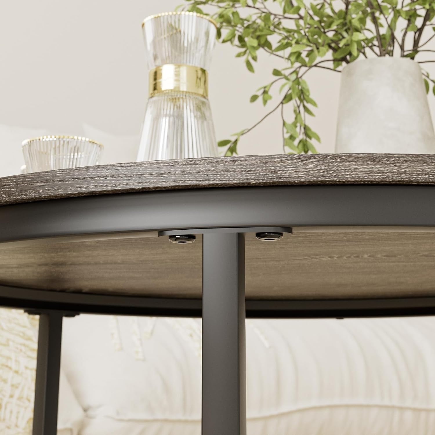 Round Nesting Coffee Tables Set of 2 – Grey Top Black Frame, Space-Saving
