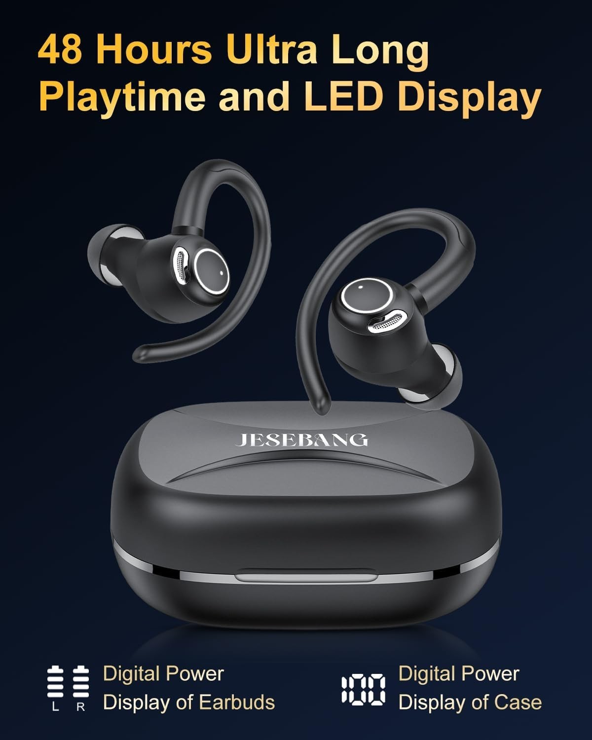 Black Bluetooth 5.3 Earbuds 40H Playtime ENC Mic Sport Waterproof