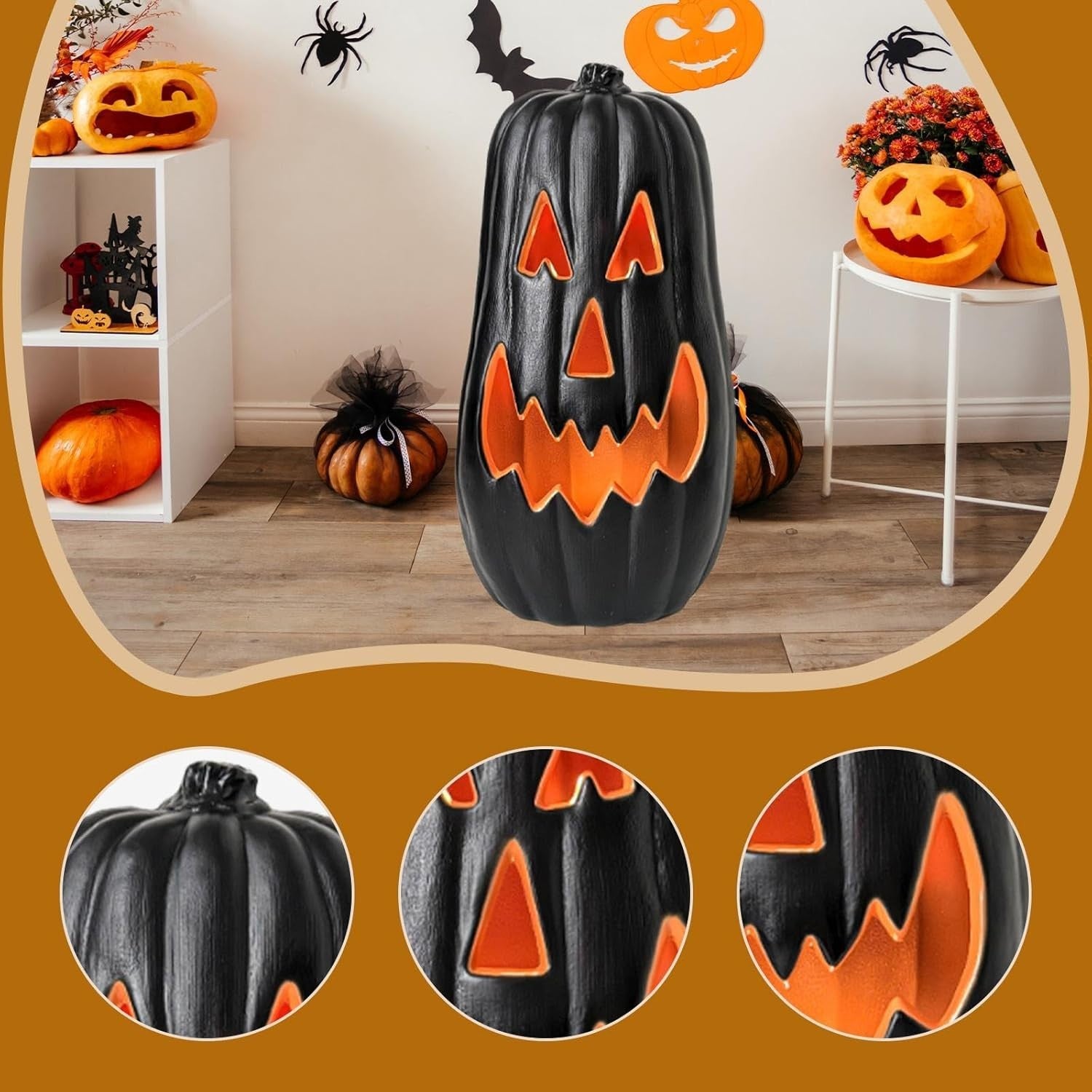 Halloween Pumpkin LED Lantern w/ Timer – Black Energy-Saving Decor