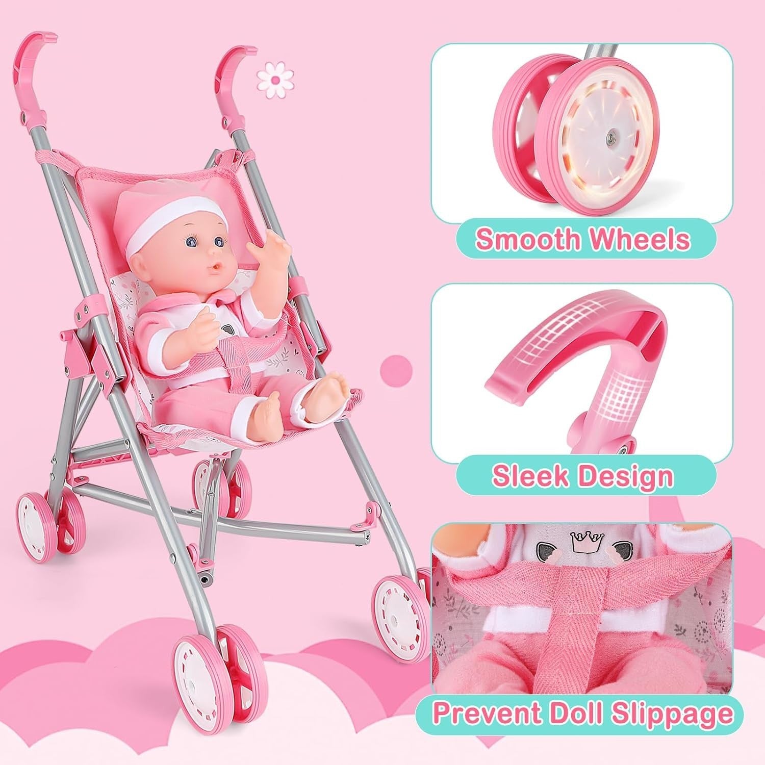 Baby Doll Stroller Playset Foldable Pram Cot Highchair Accessories