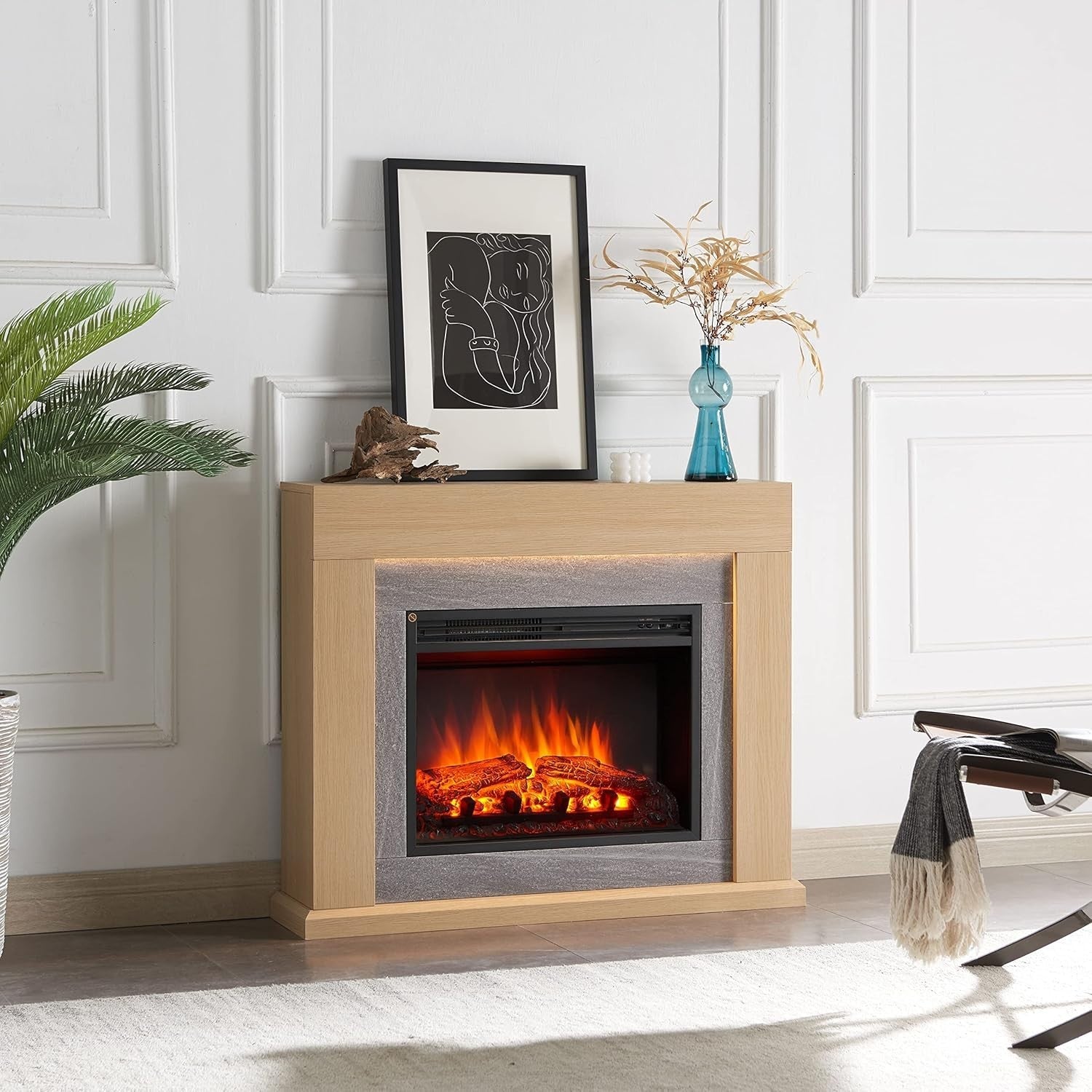 39" Electric Fireplace Heater with Oak Surround, Remote, Realistic Flame