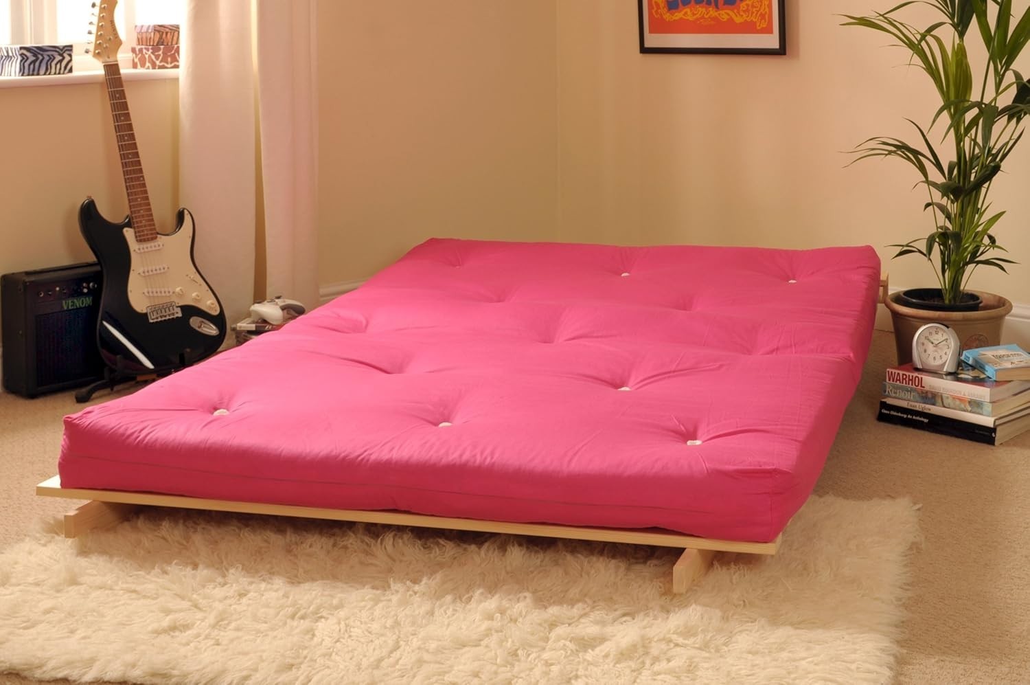 Double Wooden Futon Sofa Bed with Pink Mattress | Tufted, Sturdy Frame