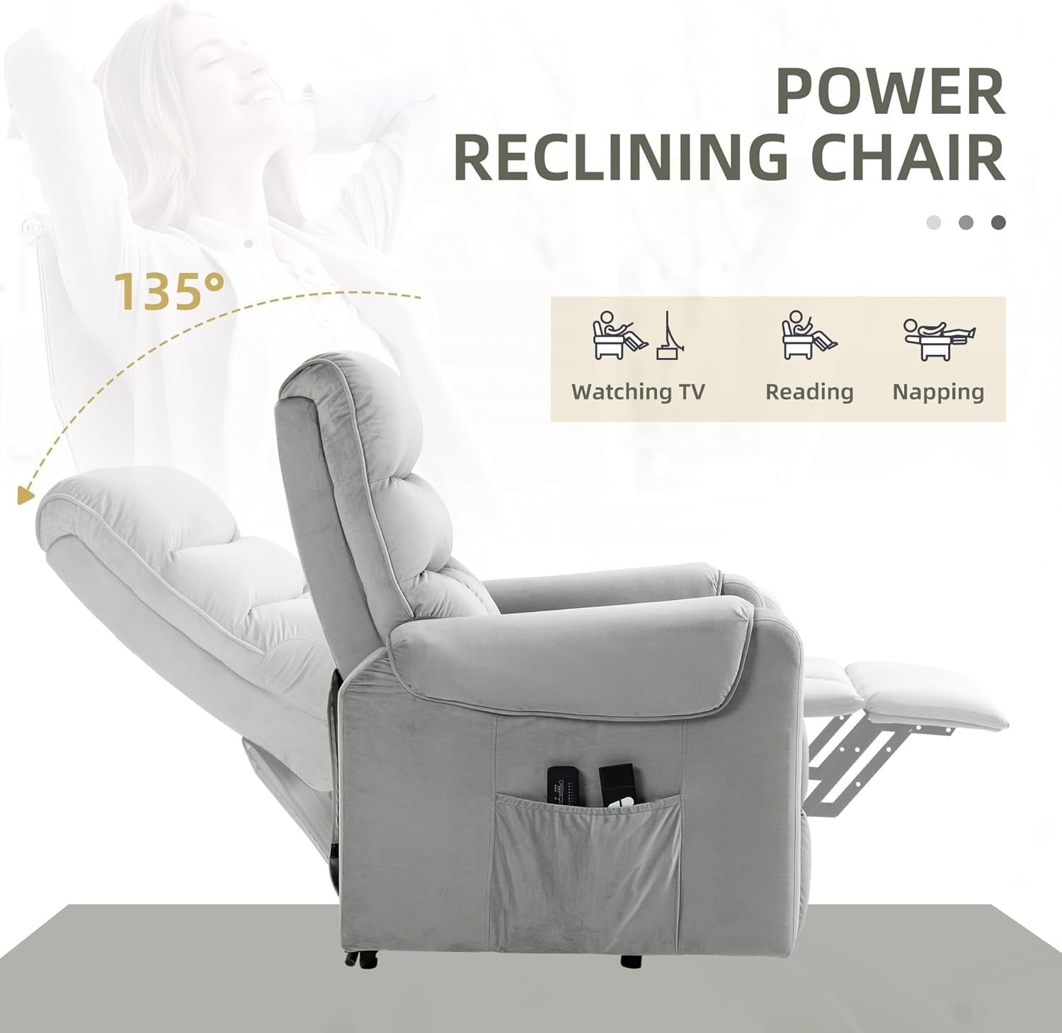 Power Lift Recliner Chair Massage 135° Recline Velvet Upholstered Pockets Grey