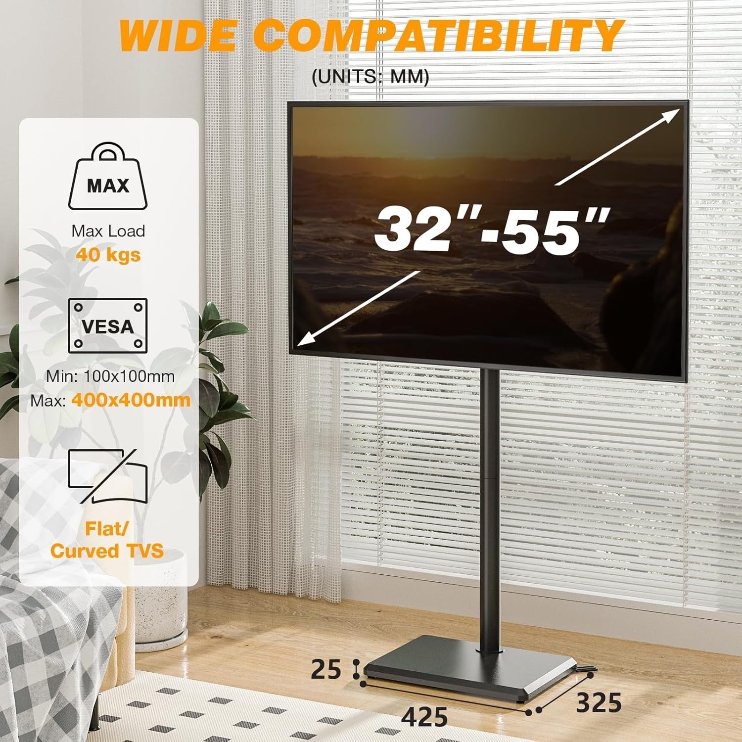 Slim Swivel TV Floor Stand for 32–55” Adjustable Corner Mount VESA 40kg - Black