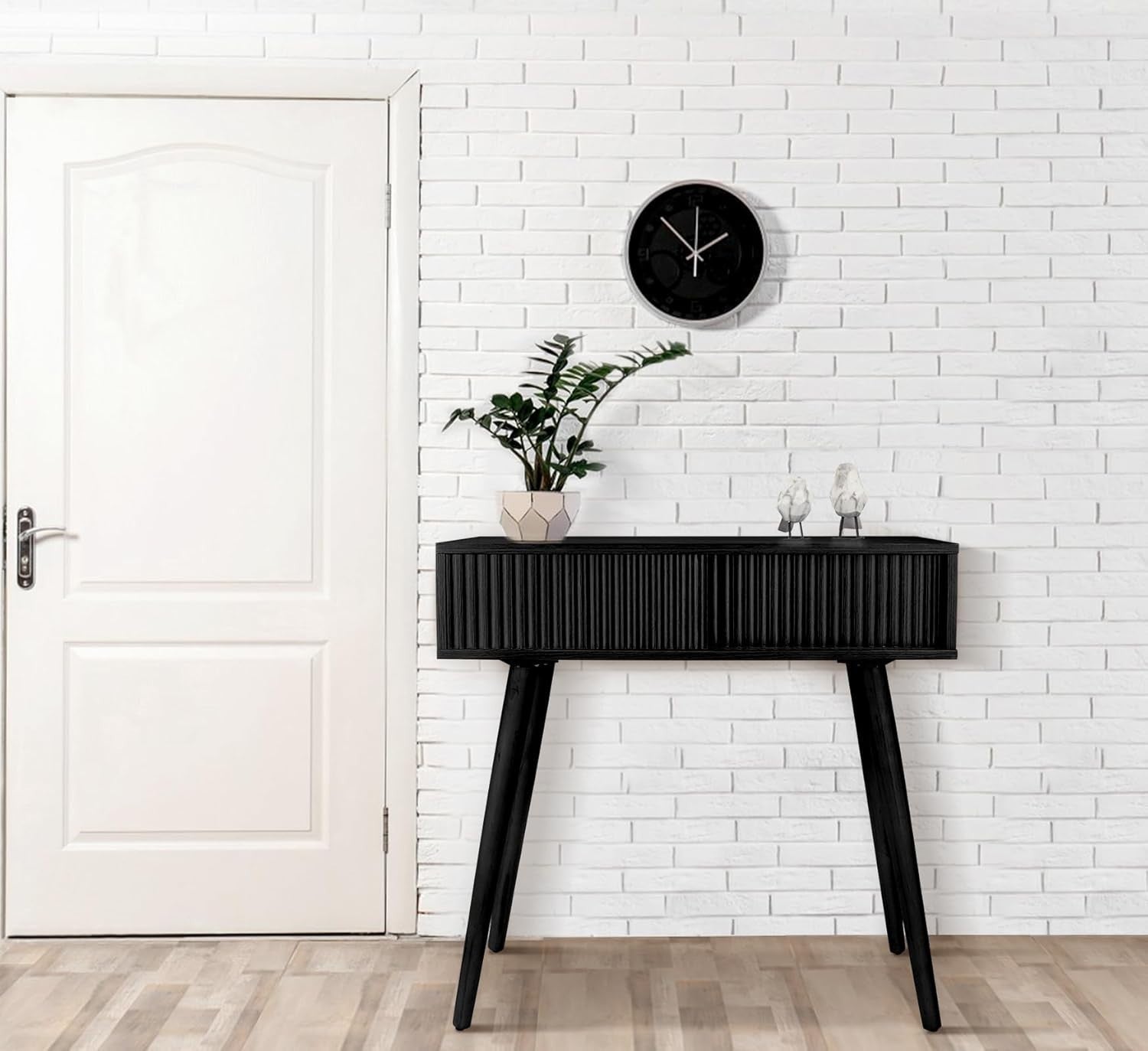 Slim Black Console Table with Fluted Drawer, Narrow Entryway Desk