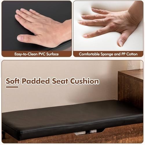 Rustic Brown Black Shoe Storage Bench with Cushion, Flip Chest & Cabinets