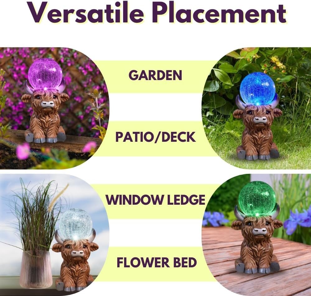 Solar Highland Cow Garden Ornament with LED Crackle Ball Resin Outdoor Statue