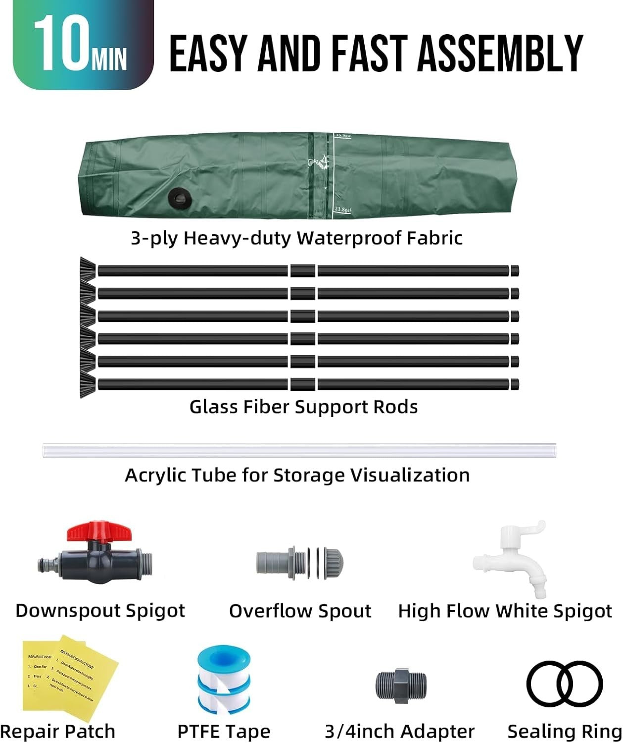 380L Collapsible PVC Garden Water Barrel with Spigots, Filter & Overflow