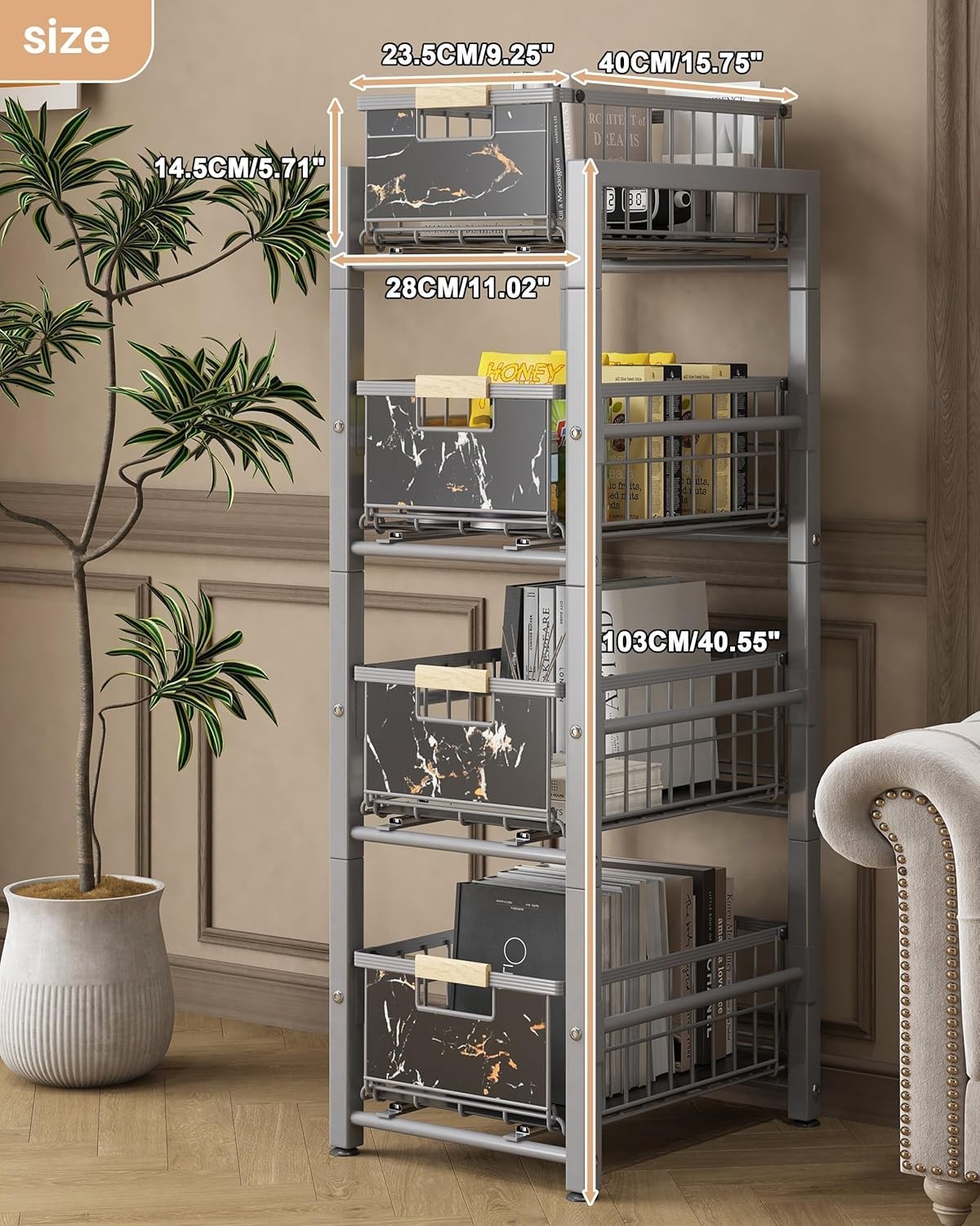 Slim 4 Tier Kitchen Storage Trolley Rolling Cart Grey