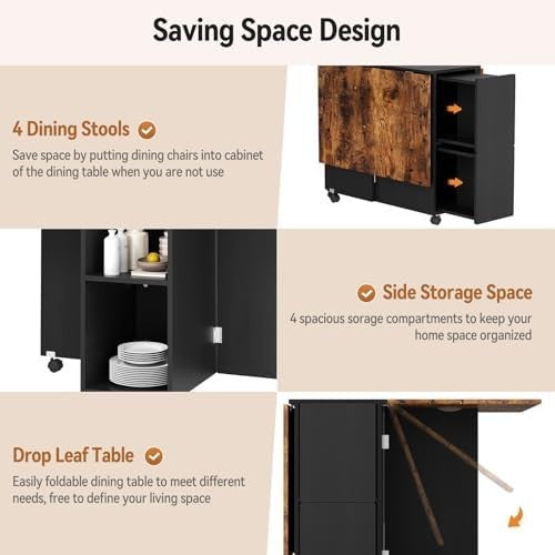 Foldable Dining Table Set with 4 Stools 140x80cm Space-Saving Kitchen Furniture