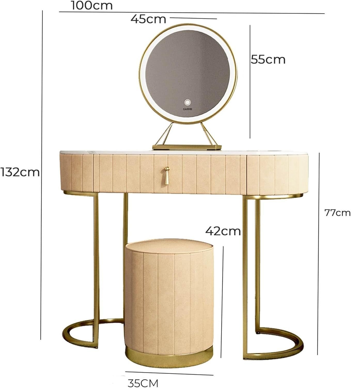 Luxury Cream Dressing Table Vanity Set LED Mirror Stool Gold Marble Effect