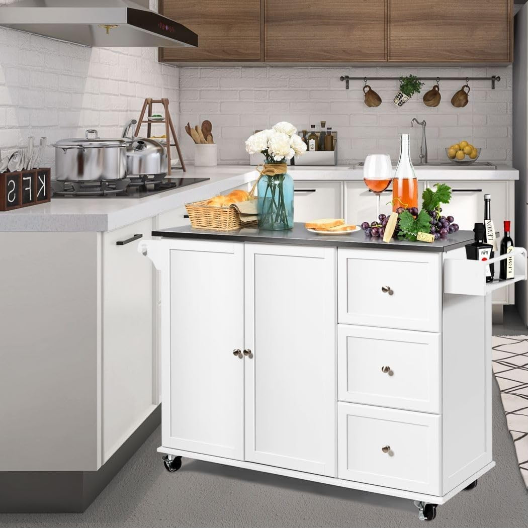 Kitchen Island Cart on Wheels Storage Cabinet Trolley with Steel Worktop