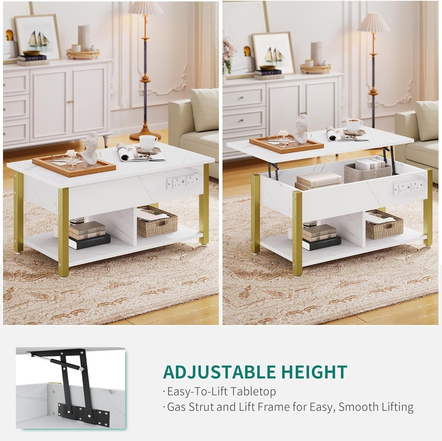 Lift Top Coffee Table with Storage, LED Lights, USB & Outlets – White Marble