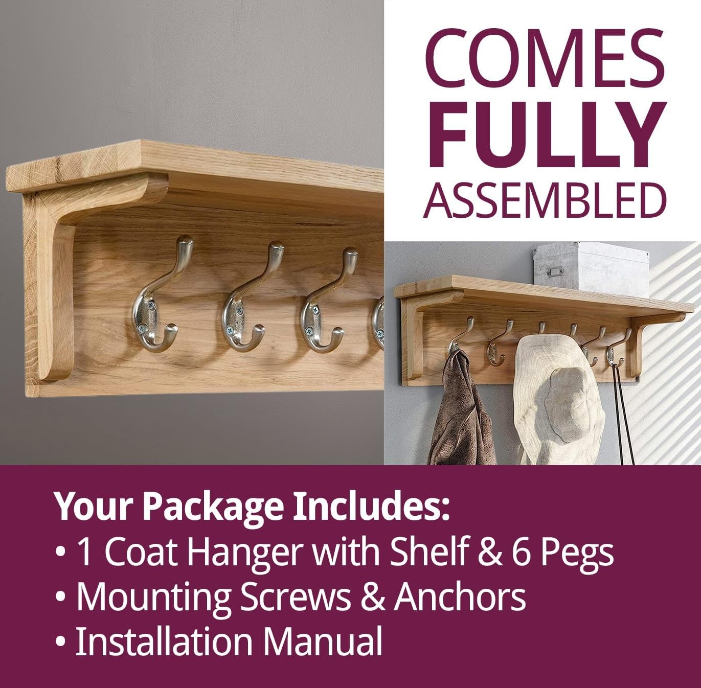 Solid Oak Wall Coat Rack with Shelf | 6 Metal Hooks for Hallway & Entryway