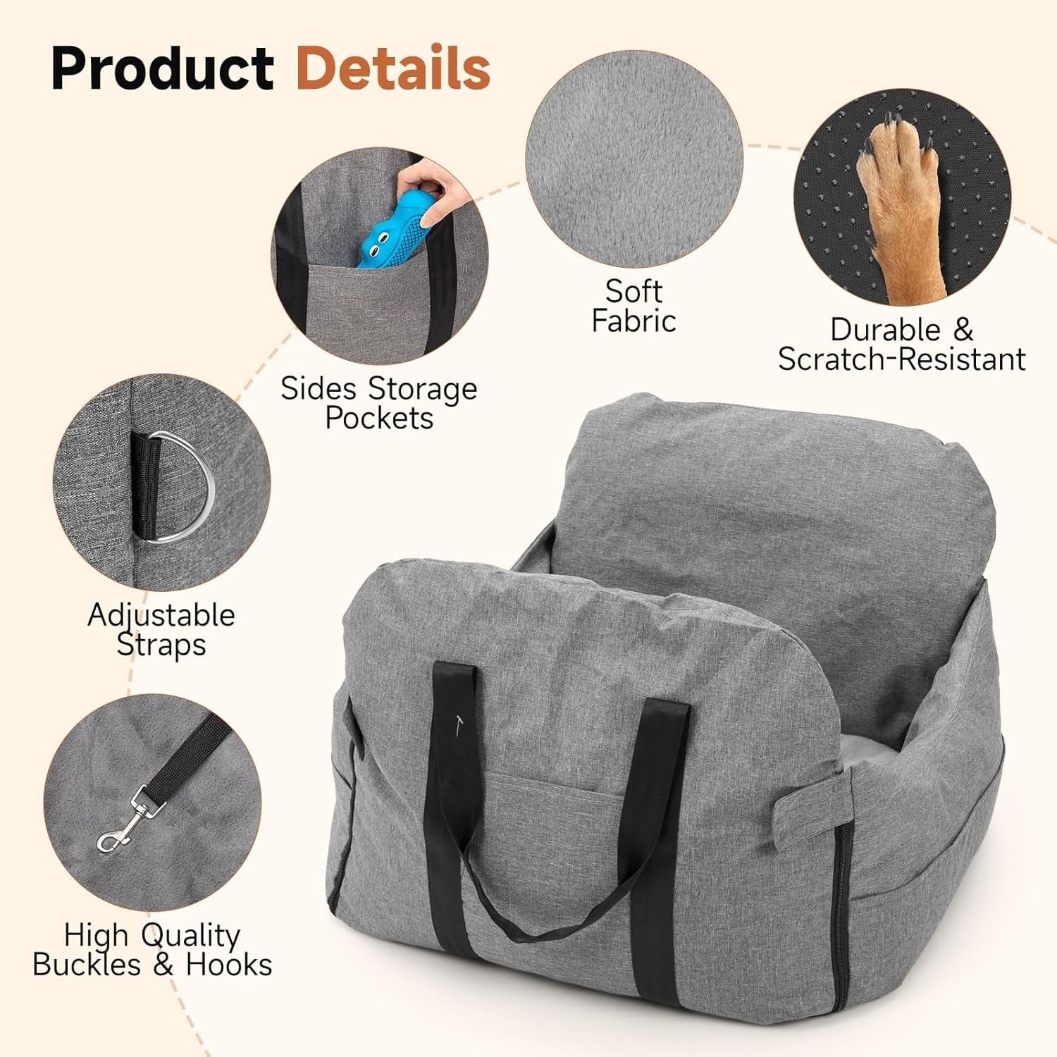 Dog Car Seat Booster Bed Washable Travel Carrier Safety Leash 60cm