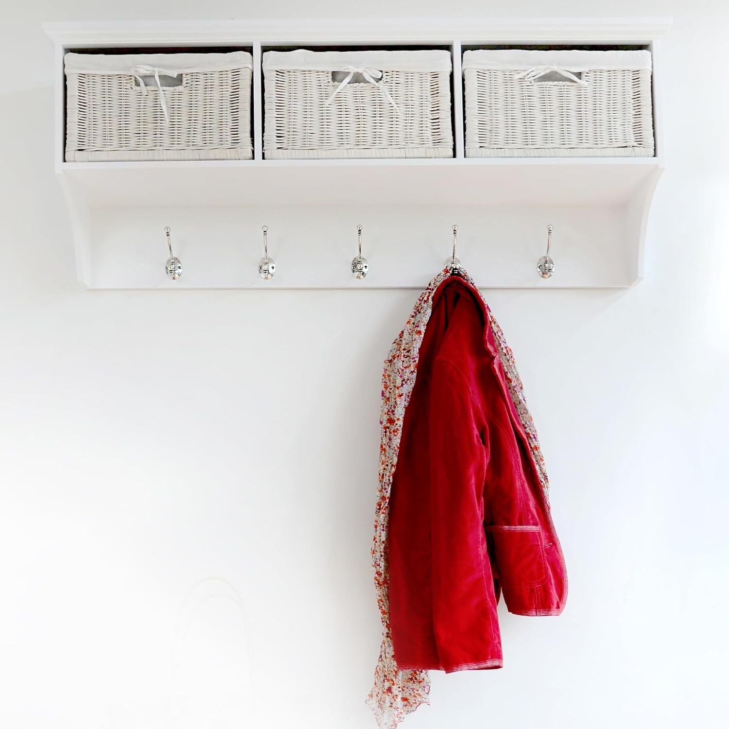 White Wall Mounted Coat Rack 3 Baskets 5 Double Hooks Hallway Storage Shelf