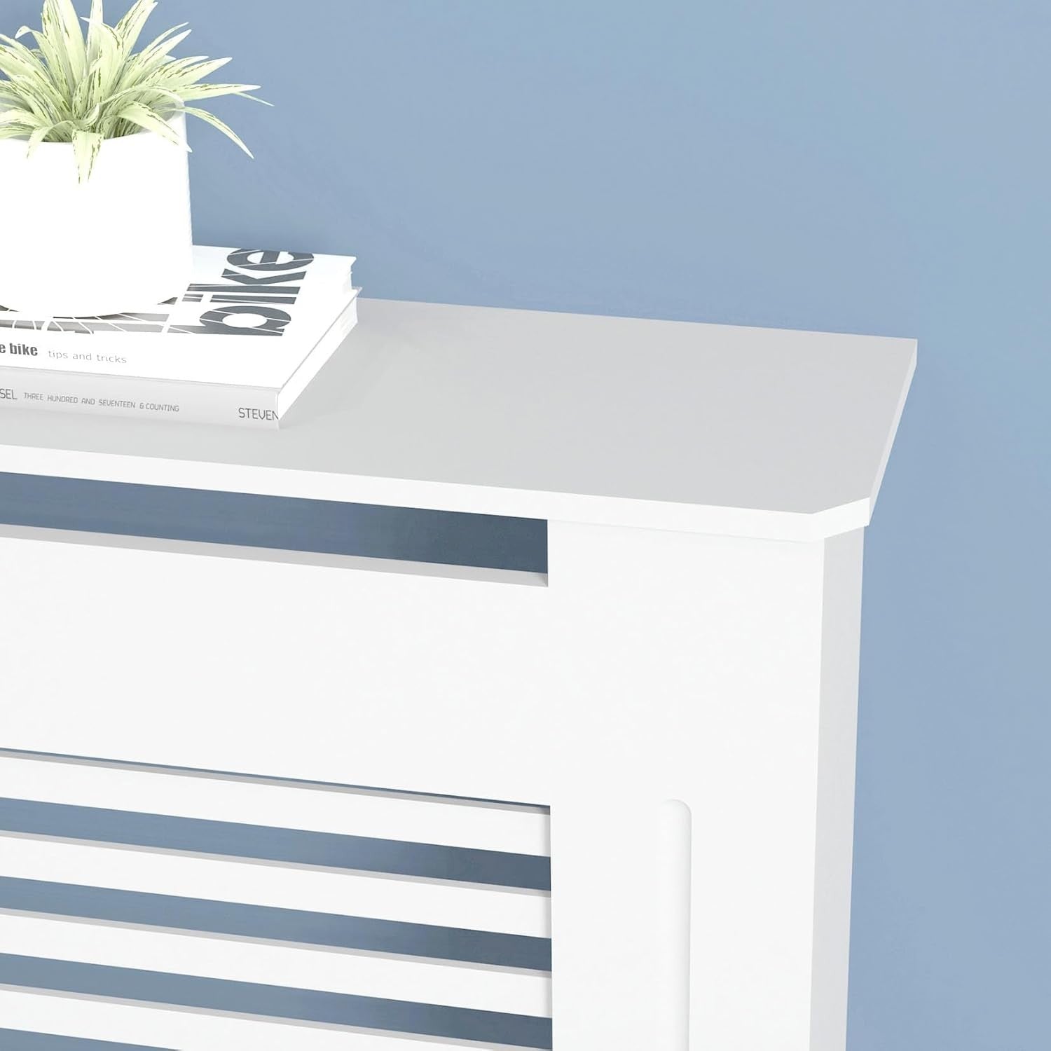 High Radiator Cover White MDF Cabinet | Vertical Slats Modern Shelf 111cm
