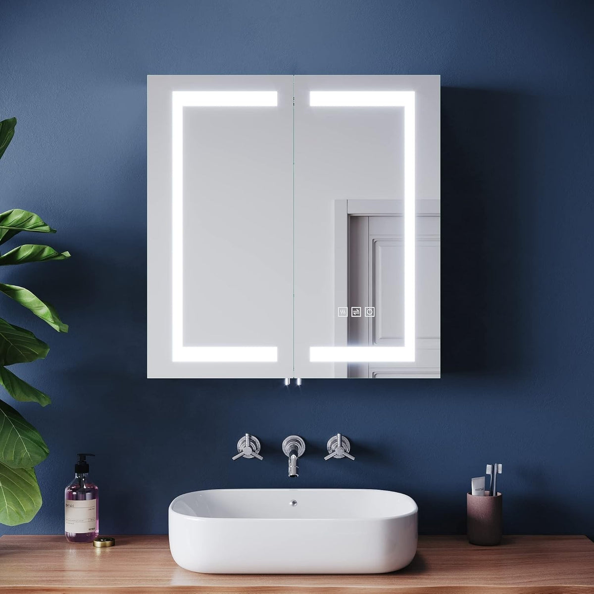 LED Mirror Cabinet 630x650mm Demister Shaver Socket 3-Colour Dimmable