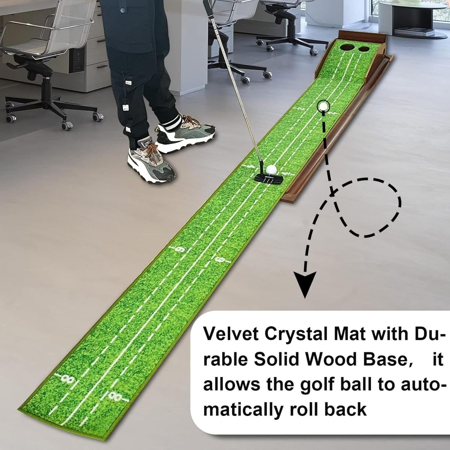 Wooden Golf Putting Mat Indoor Outdoor Practice Trainer Return Ball