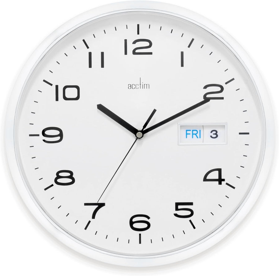 32cm Large Wall Clock Chrome White | Quiet Quartz Date Display Home Office