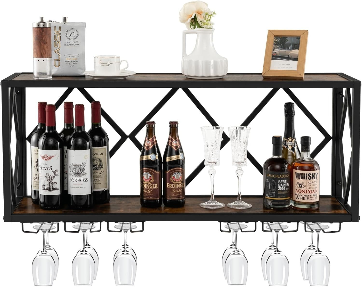 Wall Mounted Wine Rack with Glass Holder 2-Tier Metal Shelf Bar Storage Display