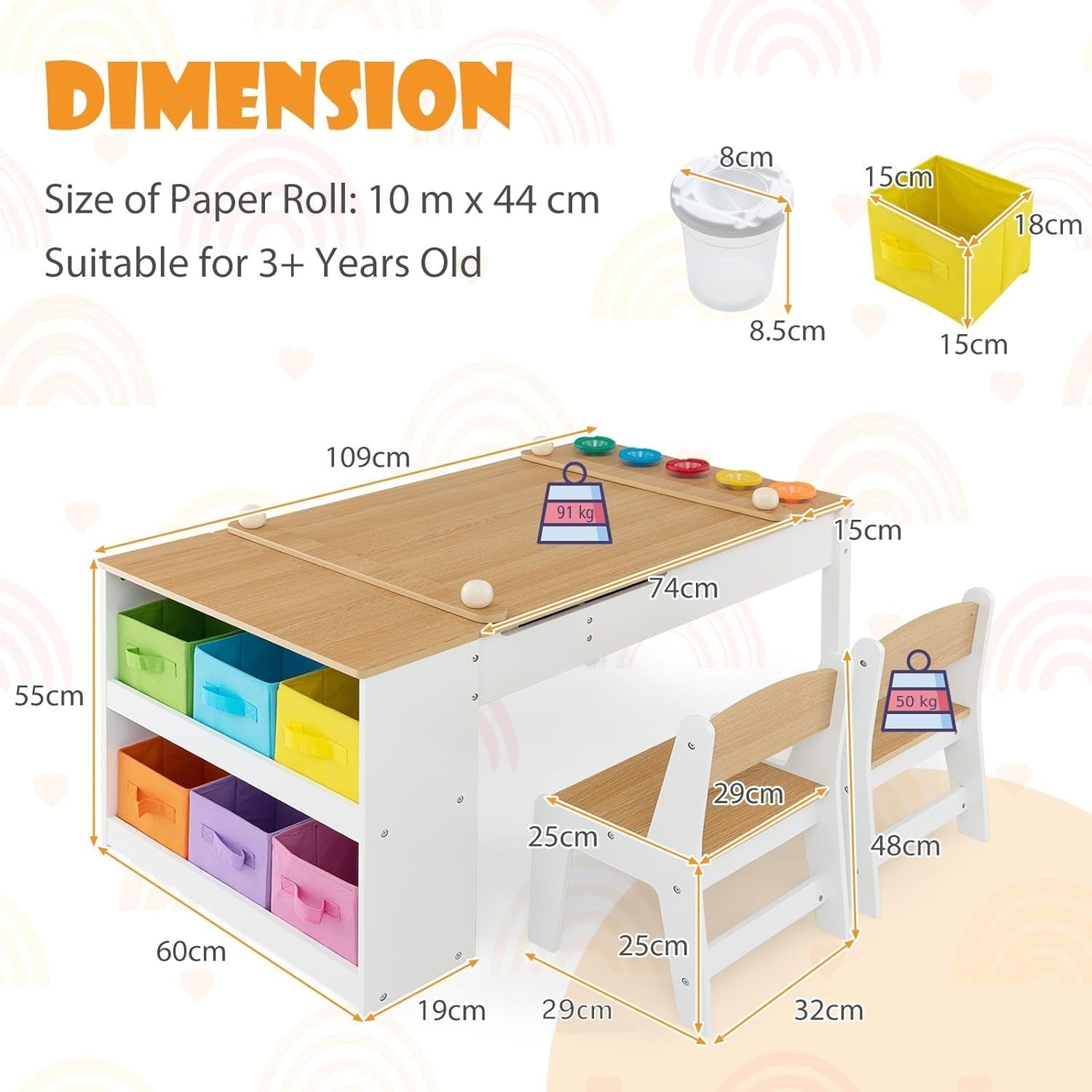 Kids Art Table and Chairs Set with Storage Box Paper Roller Drawing Desk 5 Cups