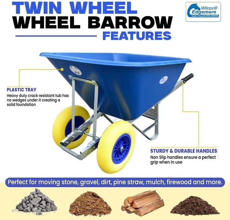 200L 2-Wheel Garden Wheelbarrow – Blue – PU Puncture Proof Tyres Galvanised