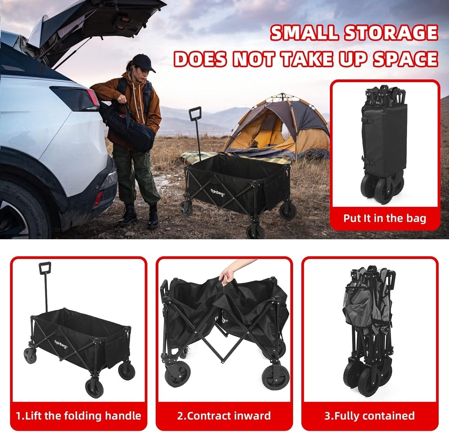 Black Folding Camping Wagon 120kg Trolley w/ Table Top, Adjustable Handle & Bag