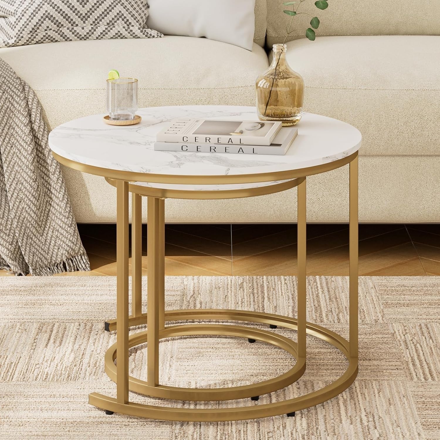 Round Nesting Coffee Tables Set of 2 – Grey Top Black Frame, Space- Gold