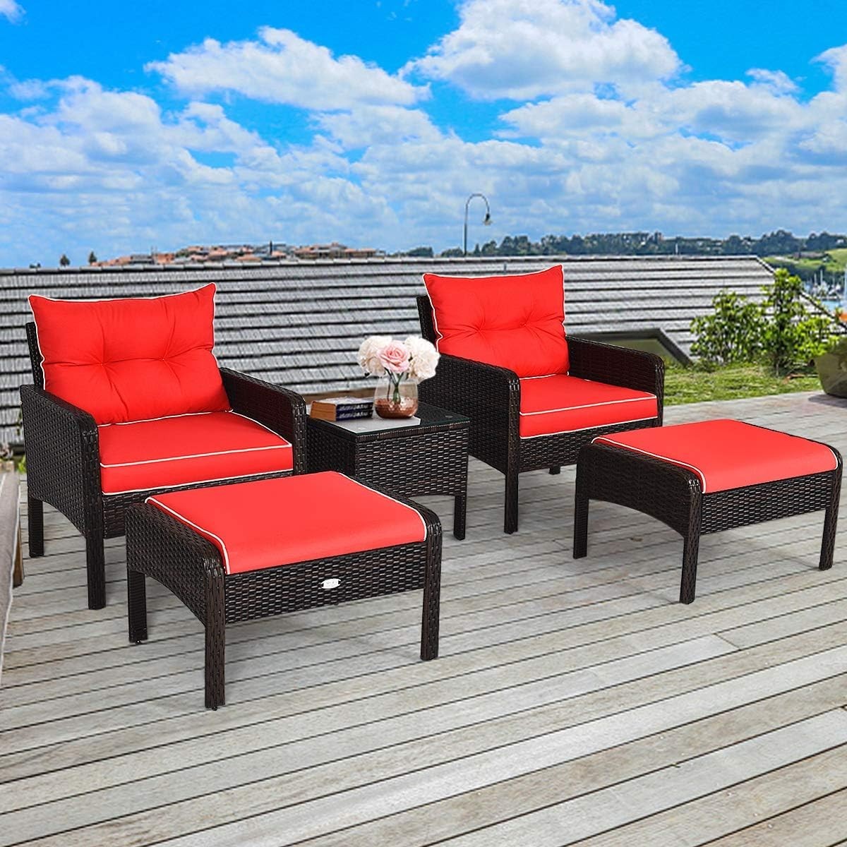 5PC Brown Red Outdoor Rattan Garden Sofa Set w/ Cushions & Glass Table