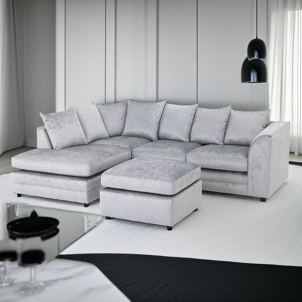 L Shaped 4 Seater Silver Crush Velvet Sofa with Footstool - Modern Corner
