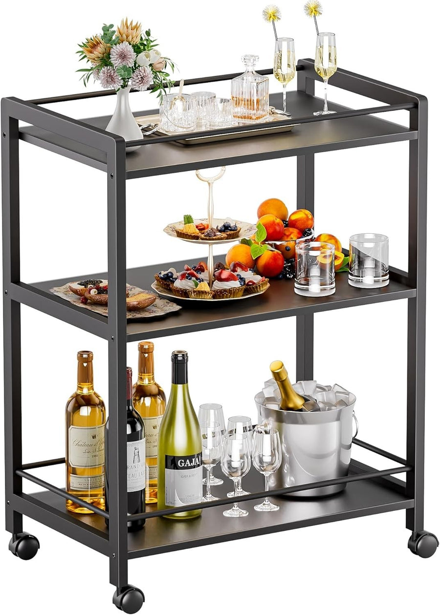 64x40x85cm Black Bar Cart 3 Tier Rolling Drinks Trolley